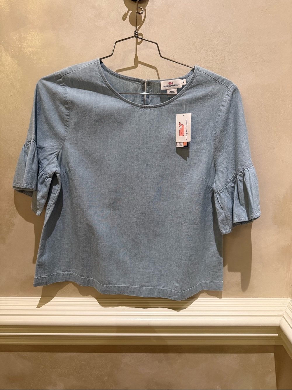 Vineyard Vines Pale Blue Ruffle Sleeve Blouse